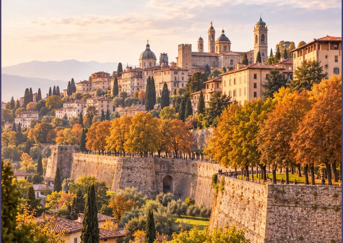 Città Alta w Bergamo, historyczna zabudowa i weneckie mury w jesiennych barwach